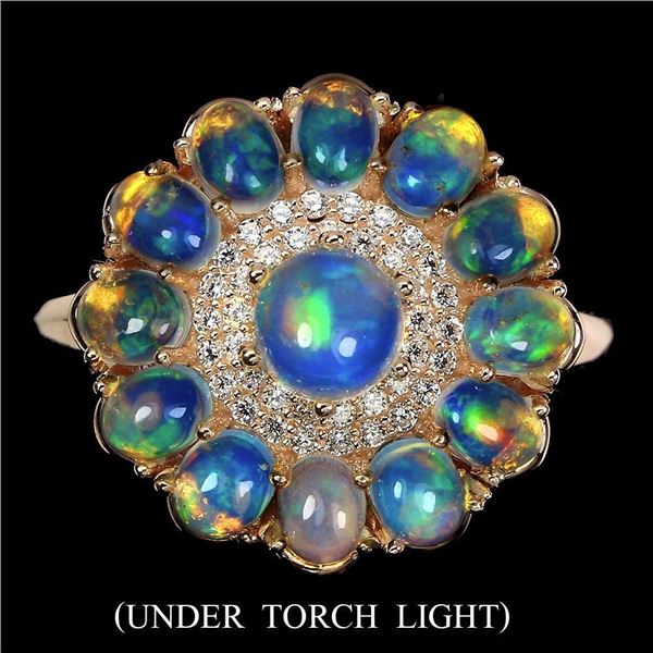 Unheated Round Fire Opal Rainbow 5mm Cz 14 k Rode Gold Plated 925 Sterling Silver Ring 7