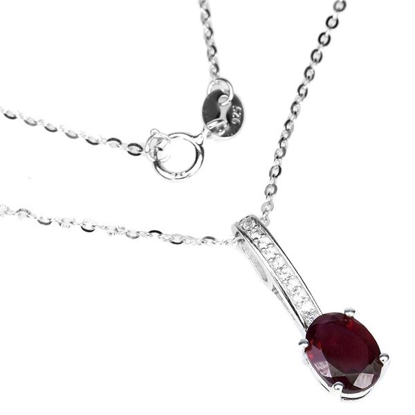 Heated Oval Red Ruby 8x6mm White Topaz 14 k White Gold Plated 925 Sterling Silver Necklace 18 Inches