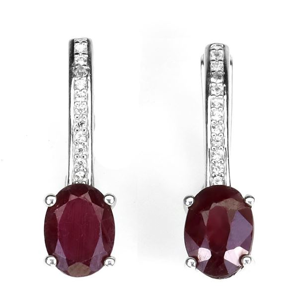 Heated Oval Red Ruby 8x6mm White Topaz 14 k White Gold Plated 925 Sterling Silver Earrings