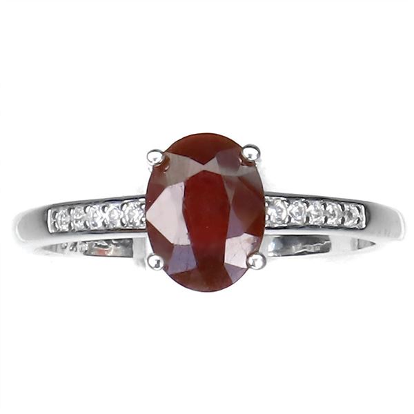 Heated Oval Red Ruby 8x6mm White Topaz 14 k White Gold Plated 925 Sterling Silver Ring Size 8