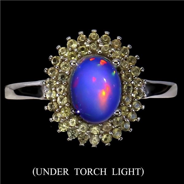 Unheated Oval Fire Opal 8x6mm Sapphire Diamond Cut 14 k White Gold Plated  925 Sterling Silver Ring