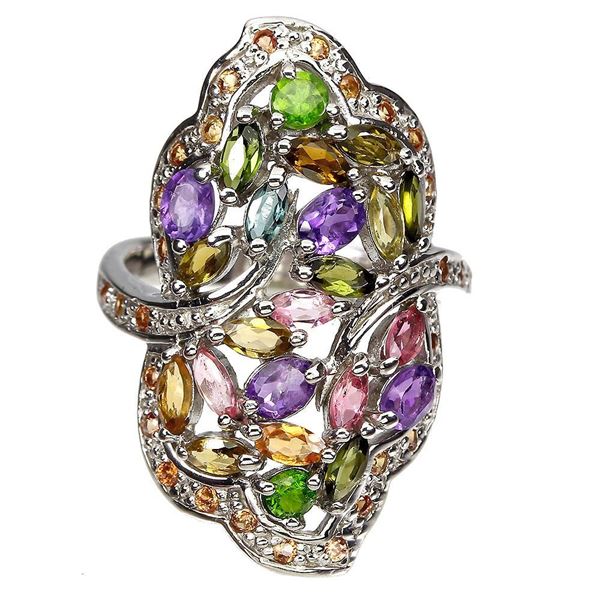 Unheated Marquise Tourmaline Chrome Diopside Gems 14 k  White Gold Plated 925 Sterling Silver Ring 8