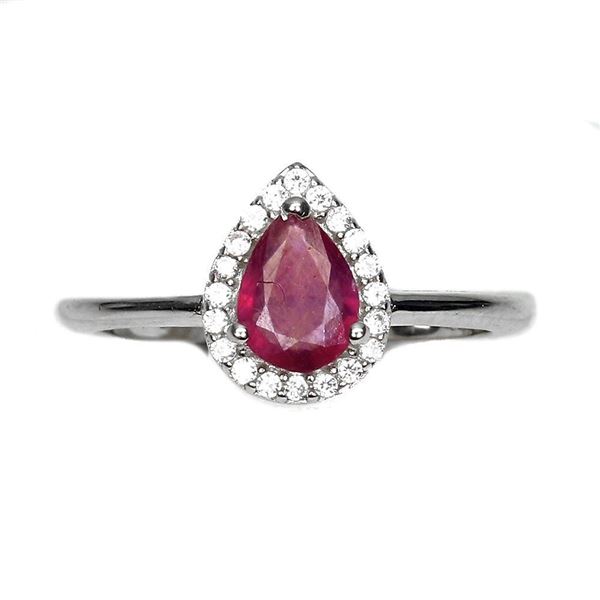 Heated Pear Red Ruby 7x5mm 14 k White Gold Plated 925 Sterling Silver Ring Size 6