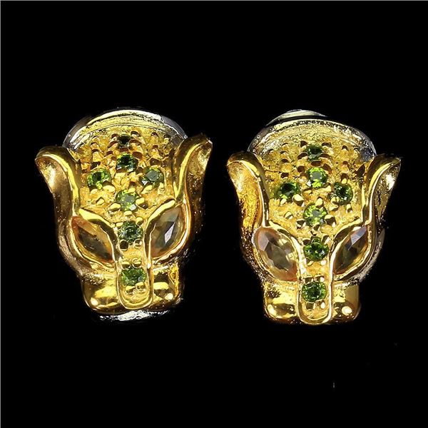 Heated Marquise Sapphire Chrome Diopside 14 k Yellow Gold Plated 925 Sterling Silver Tiger Earrings