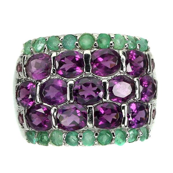 Unheated Oval Rhodolite Garnet 5x4mm Emerald 14 k White Gold Plated  925 Sterling Silver Ring Size 8