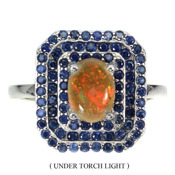Unheated Oval Fire Opal 8x6mm Sapphire Diamond Cut 14 k White Gold Plated 925 Sterling Silver Ring 8