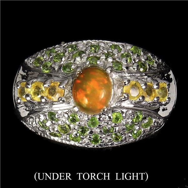 Unheated Oval Fire Opal 6x5mm Chrome Diopside Sapphire 14 k White Gold Plated925 Sterling Silver Rin
