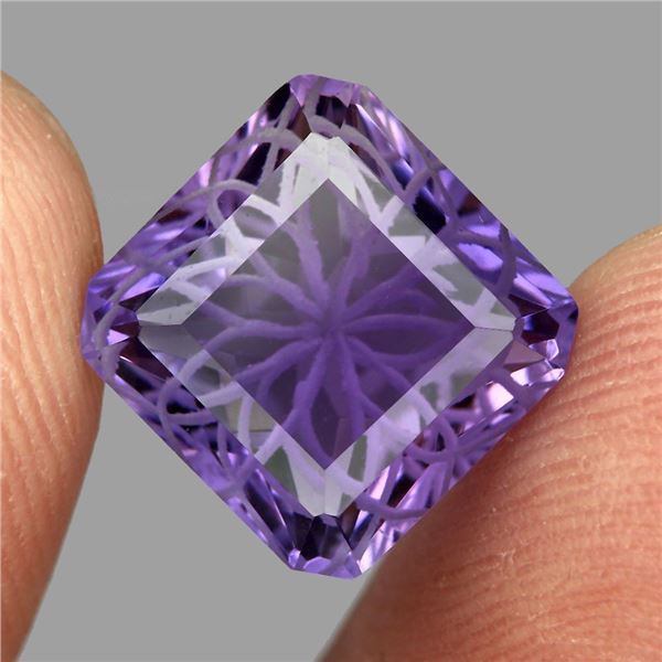 VVS 6.48ct 11mm Octagon Cut Flower Carving 100% Natural Purple Amethyst Unheated