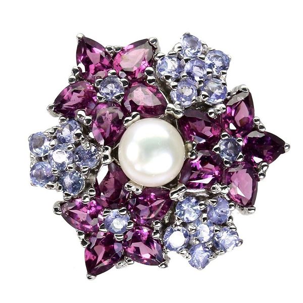 Unheated Pear Rhodolite Garnet Tanzanite and Pearl 14 k White Gold plated 925 Sterling Silver Ring S