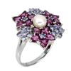 Image 2 : Unheated Pear Rhodolite Garnet Tanzanite and Pearl 14 k White Gold plated 925 Sterling Silver Ring S