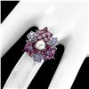 Image 3 : Unheated Pear Rhodolite Garnet Tanzanite and Pearl 14 k White Gold plated 925 Sterling Silver Ring S