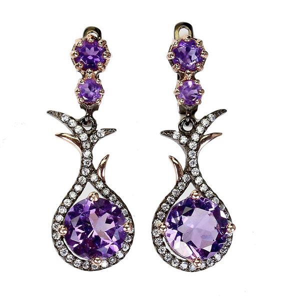 Unheated Round Purple Amethyst 8mm Cz 14 k Rose Gold and Rhodium Plated 925 Sterling Silver Earrings