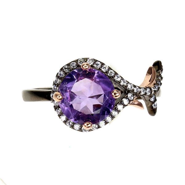 Unheated Round Purple Amethyst 8mm Cz 14 kRose Gold and Rhodium Plated 925 Sterling Silver Ring Size