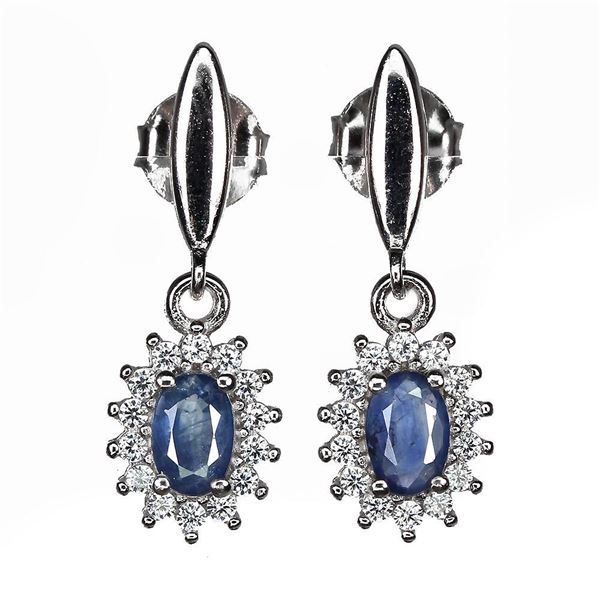 Heated Oval Blue Sapphire Kanchanaburi 6x4mm Cz 14 k White Gold plated 925 Sterling Silver Earrings