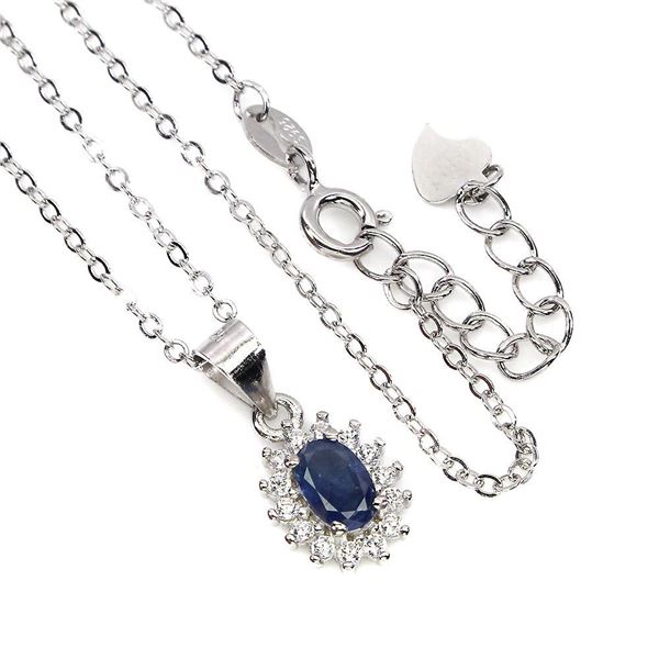 Heated Oval Blue Sapphire Kanchanaburi 6x4mm Cz 14 k White Gold plated 925 Sterling Silver Necklace