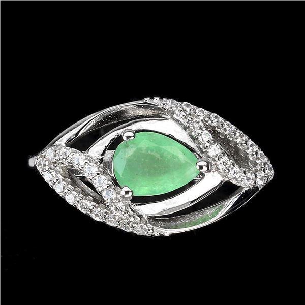 Unheated Pear Emerald 7x5mm Cz 14K White Gold Plate 925 Sterling Silver Ring 7