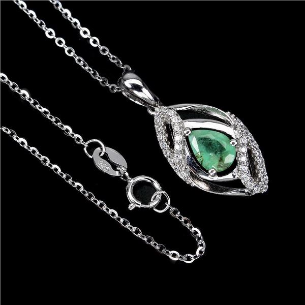 Unheated Pear Emerald 7x5mm Cz 14K White Gold Plate 925 Sterling Silver Necklace