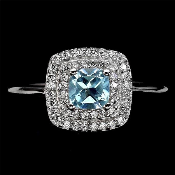 Cushion Sky Blue Topaz 5mm Cz 14K White Gold Plate 925 Sterling Silver Ring 8