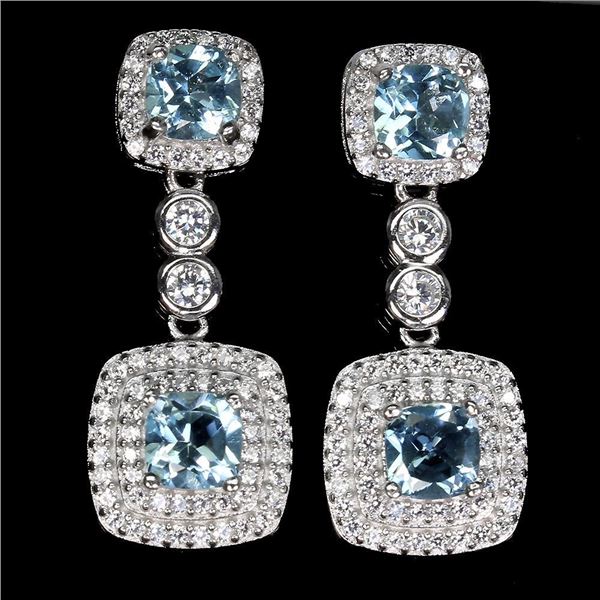Cushion Sky Blue Topaz 5mm Cz 14K White Gold Plate 925 Sterling Silver Earrings