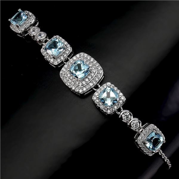 Cushion Sky Blue Topaz 5mm Cz White Gold Plate 925 Sterling Silver Bracelet 8.5 inches