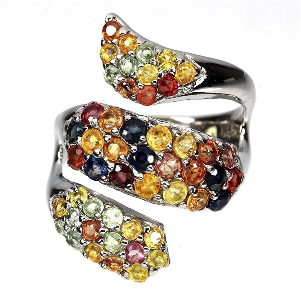 Round Sapphire Multi Color 2.5mm 14K White Gold Plate 925 Sterling Silver Ring 9