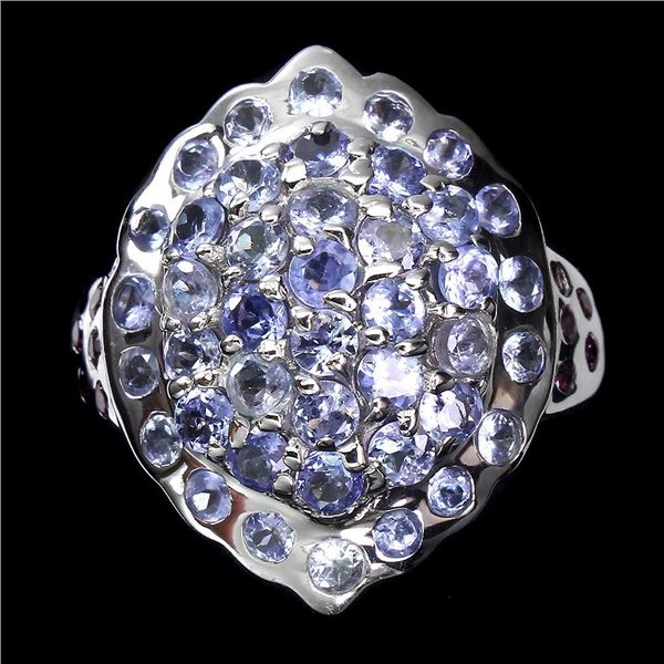Unheated Round Tanzanite Rhodolite Garnet 14 k White Gold Plated 925 Sterling Silver Ring Size 7