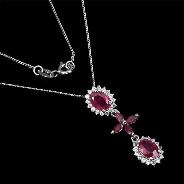 Oval Red Ruby 7x5mm White Topaz White Gold Plate 925 Sterling Silver Necklace 18 inches