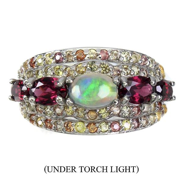 Oval Black Opal 7x5mm Rhodolite Garnet Sapphire 925 Sterling Silver Ring Size 9