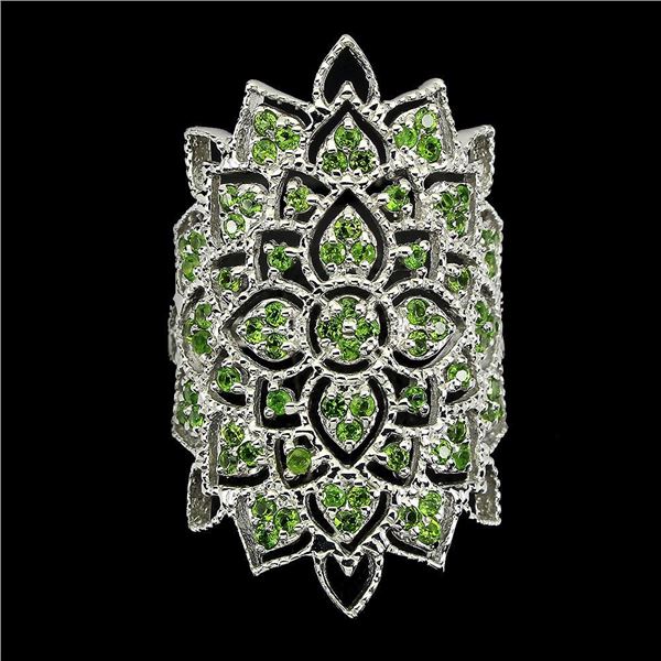 Unheated Round Chrome Diopside 14K White Gold Plate 925 Sterling Silver Ring 8