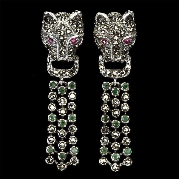 Unheated Round Emerald 2mm Ruby Marcasite 14 k White Gold over 925 Sterling Silver Tiger Earrings