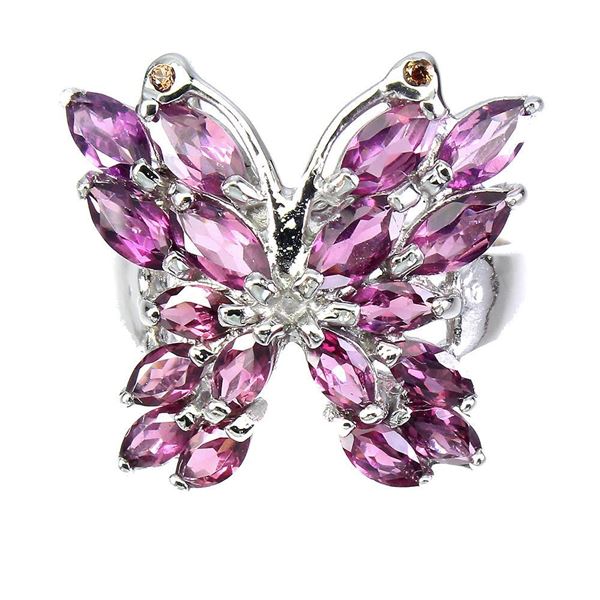 Unheated Marquise Rhodolite Sapphire 14 h White Gold Plated 925 Sterling Silver Butterfly Ring 8.5