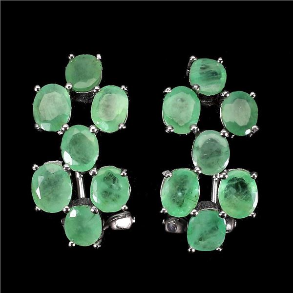 Unheated Oval Emerald 5x4mm 14K White Gold Plate 925 Sterling Silver Earrings