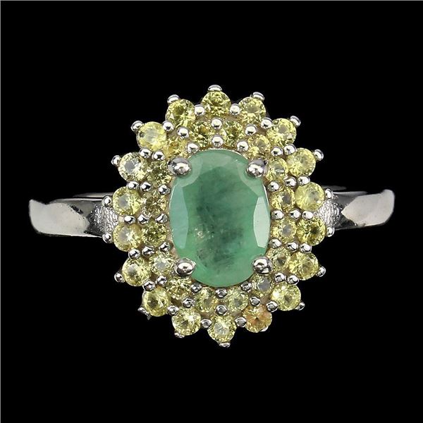 Unheated Oval Emerald 7x5mm Sapphire Diamond Cut 14 k White Gold plated 925 Sterling Silver Ring Siz