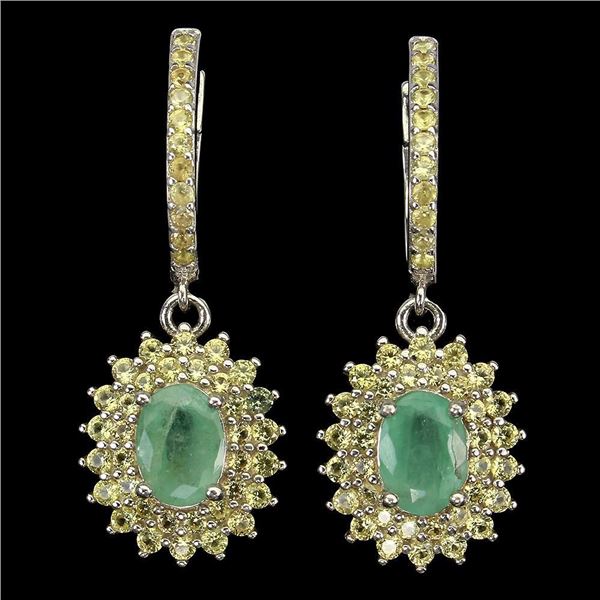 Unheated Oval Emerald 7x5mm Sapphire Diamond Cut 14 k White Gold Plated 925 Sterling Silver Earrings