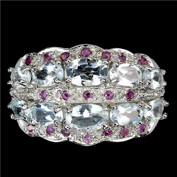 Unheated Oval Aquamarine Ruby 14k White Gold Plate 925 Sterling Silver Ring 9