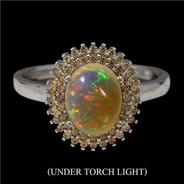 Unheated Oval Fire Opal 9x7mm Sapphire Diamond Cut 14 k White Gold Plated 925 Sterling Silver Ring s