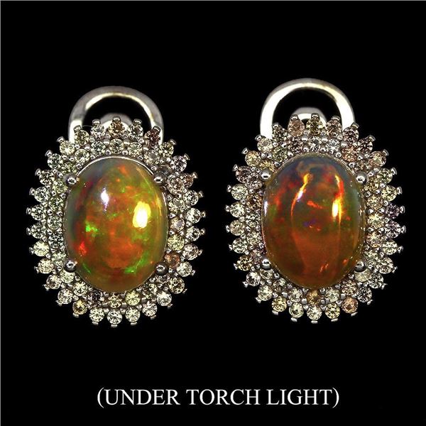 Unheated Oval Fire Opal 9x7mm Sapphire Diamond Cut 14 k White Gold Plated 925 Sterling Silver Earrin