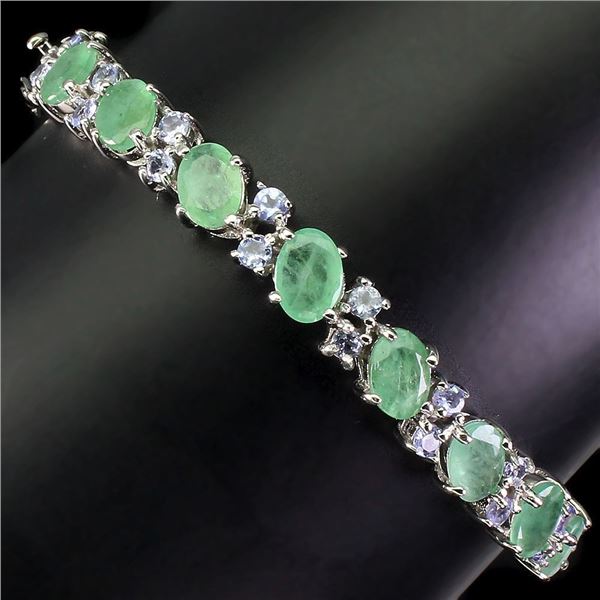 Unheated Oval Green Emerald 7x5 mm Tanzanite 14 k White Gold  Plated 925 Sterling Silver Bangle