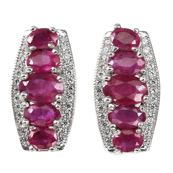 Heated Oval Red Ruby 6x4mm Simulated Cz  14 k White Gold Plated 925 Sterling Silver Earrings