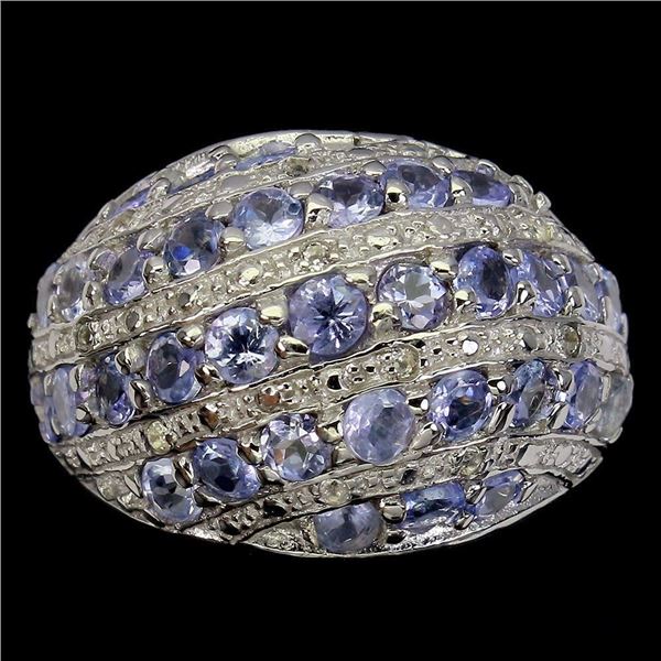 Unheated Round Blue Tanzanite 2.5mm White Topaz 14 k White Gold Plated 925 Sterling Silver Ring Size