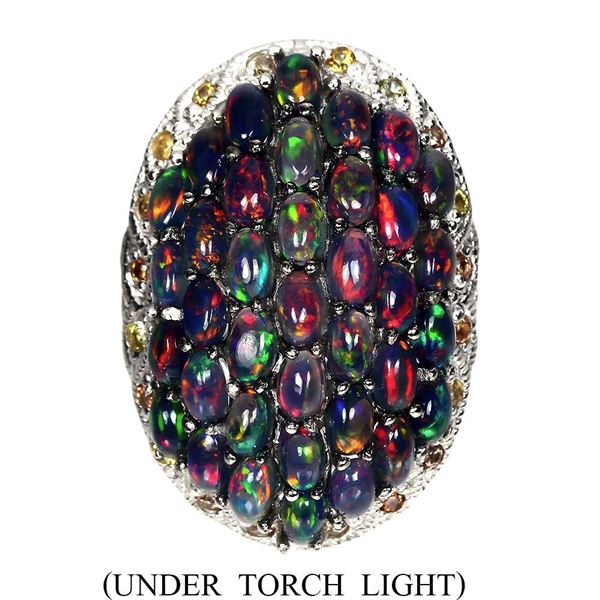 Oval Black Opal Rainbow 6x4 mm Sapphire Diamond Cut 14 k White Gold Plated 925 Sterling Silver Ring