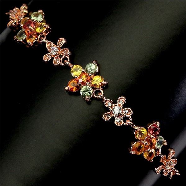 Round Sapphire Multi Color 3 mm Cz 14 k Rose Gold Plated 925 Sterling Silver Bracelet