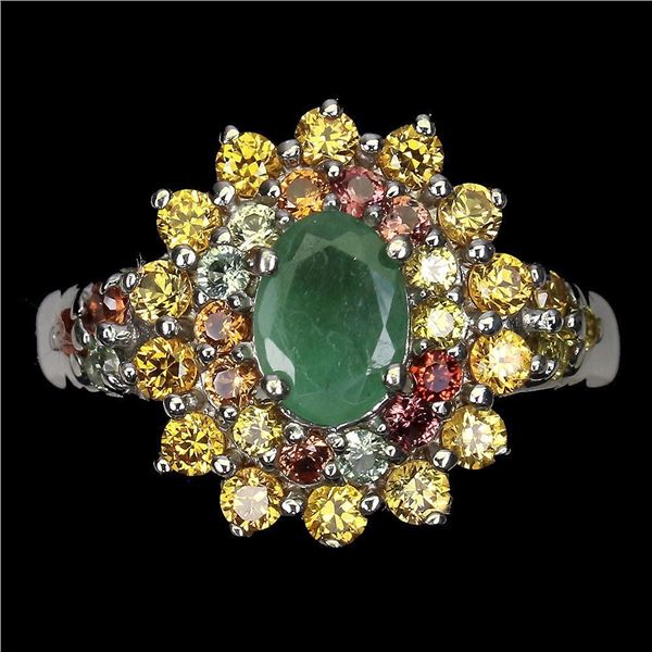 Unheated Oval Emerald 7x5 mm Sapphire Diamond Cut 14 k White Gold Plated 925 Sterling Silver Ring Si