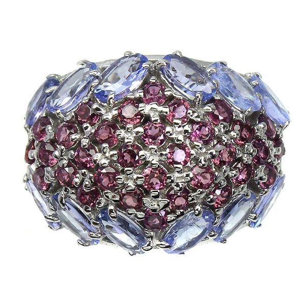 Unheated Oval Tanzanite 5x3mm Rhodolite Garnet 14 k White Gold Plated 925 Sterling Silver Ring Size