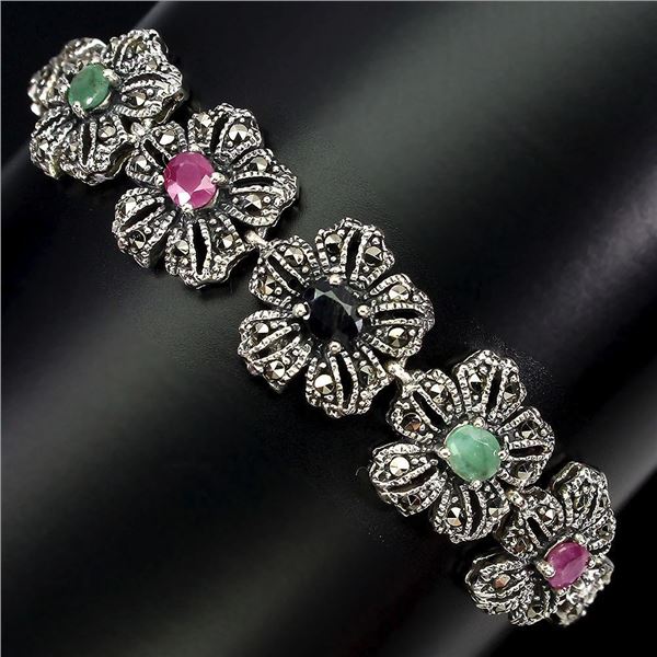 Heated Oval Ruby Emerald Sapphire 5x4 mm Marcasite 14 k White Gold Plated 925 Sterling Silver Bracel