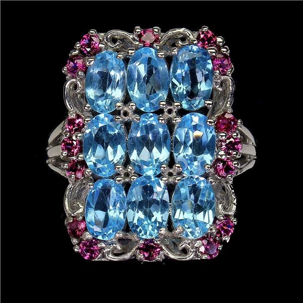 Oval Sky Blue Topaz 6x4 mm Rhodolite Garnet 14 k White Gold Plated 925 Sterling Silver Ring Size 9