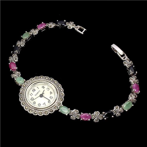 Oval Ruby Blue Sapphire Emerald Dial Mop Marcasite 14 k White Gold Plated  925 Sterling Silver Watch