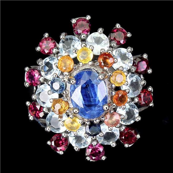 Unheated Oval Kyanite 8x6 mm Aquamarine Gems 14 K White Gold Plated 925 Sterling Silver Ring Size 7.