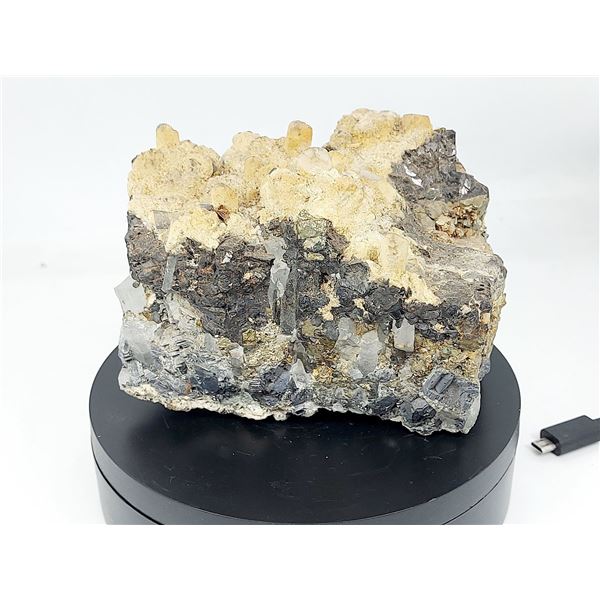MUSEUM SPECIMEN MIXED GALENA, PYRITE, OXYDIZED CHALCOPYRITE, CLEAR AND PHANTOM QUARTZ, CALCITE