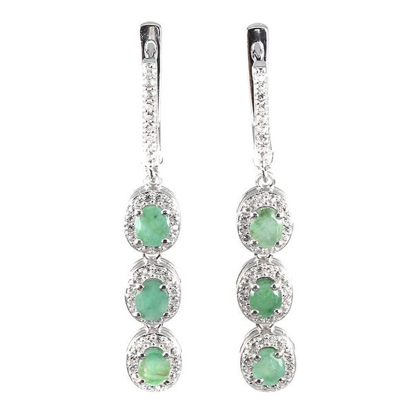 Unheated Oval Green Emerald 5x4mm White Topaz 14 k White Gold plated 925 Sterling Silver Earrings
